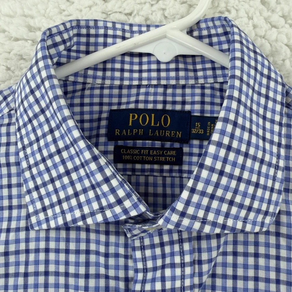 Ralph Lauren Shirt Mens Medium Blue Check Long Sleeve Button Down Stretch Pony